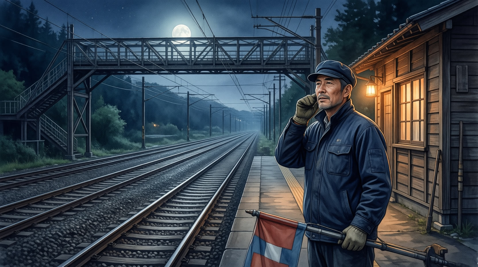 新型を見納める夜の駅 挿絵